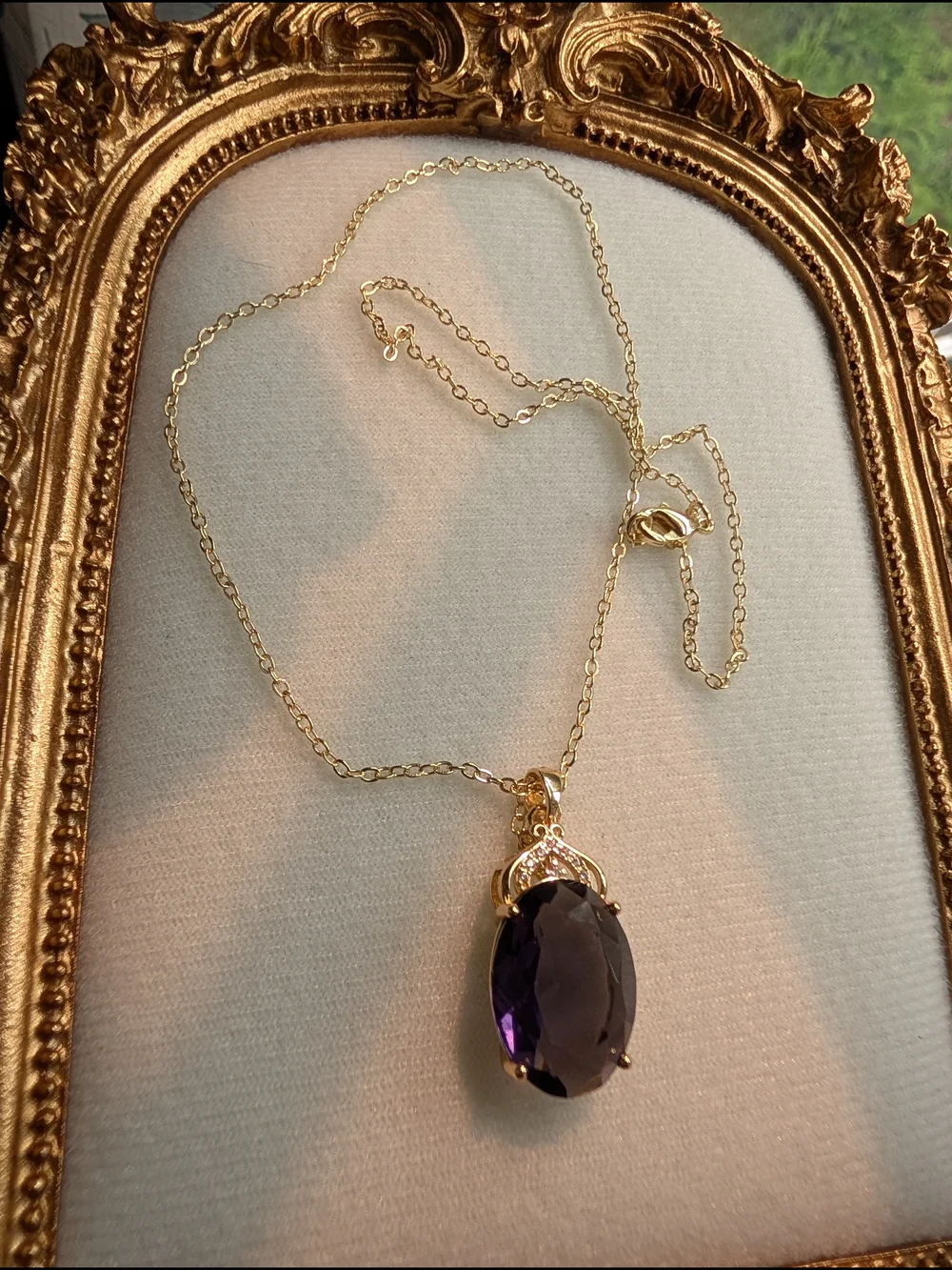 Gold Pendant Necklace with Deep Purple Oval Glass Gemstone - Picture 1 of 10